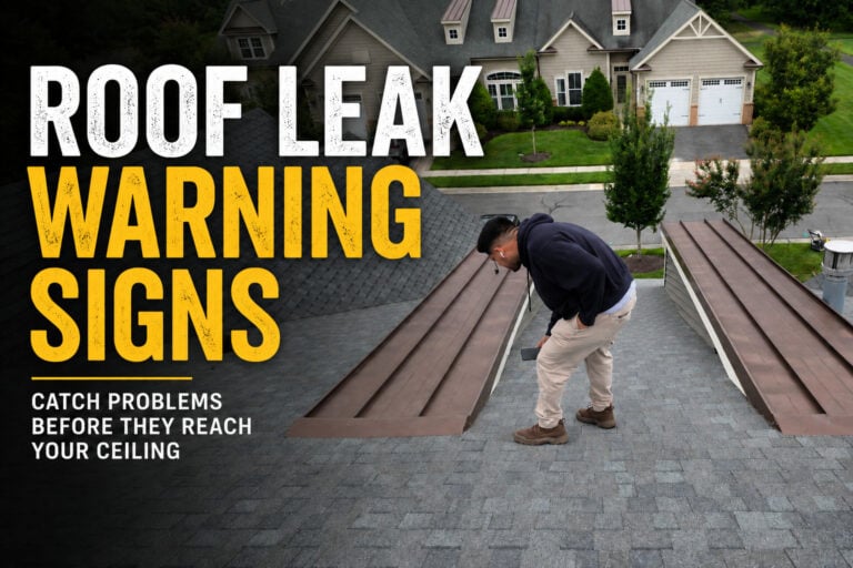 Used - G and Bros roofing professional inspecting a residential shingle roof for early roof leak warning signs on a Delmarva home