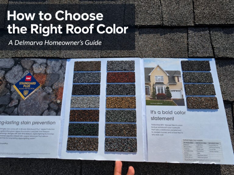 Used - GAF architectural shingle color samples displayed on a roof for a Delmarva homeowner choosing a new roof color