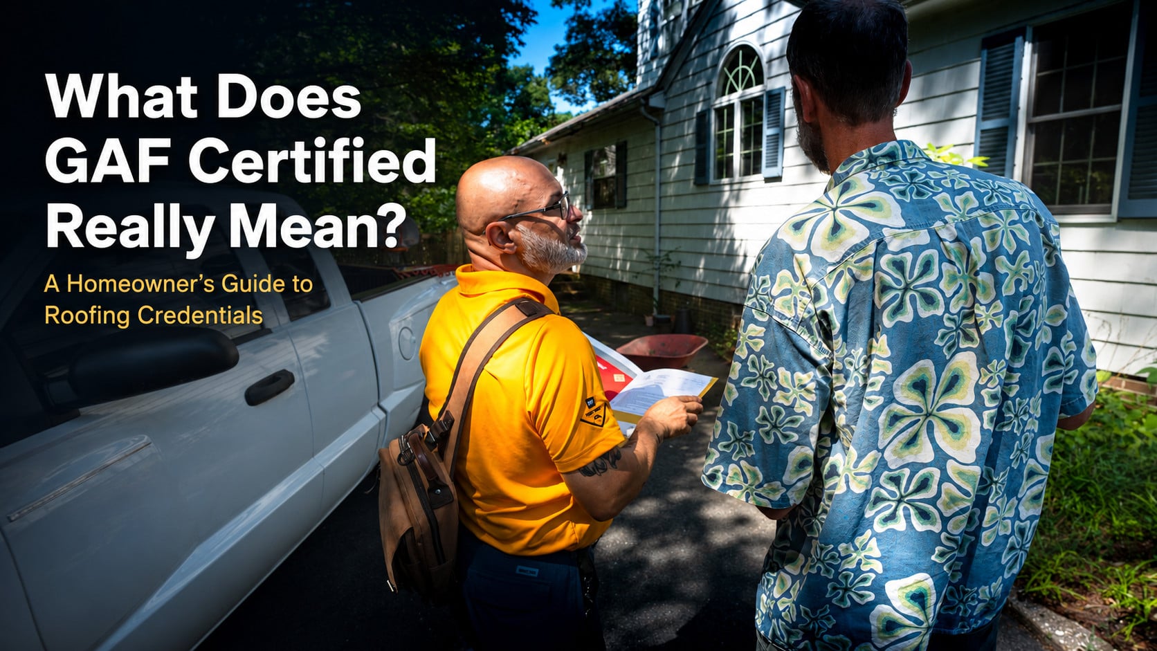 Used - G and Bros roofing representative reviewing roofing documents with a homeowner for a guide to GAF Certified roofing contractors in Salisbury MD