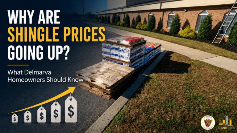 Used - Stacked GAF asphalt shingle bundles on a Delmarva roofing job site illustrating rising shingle and roof replacement costs