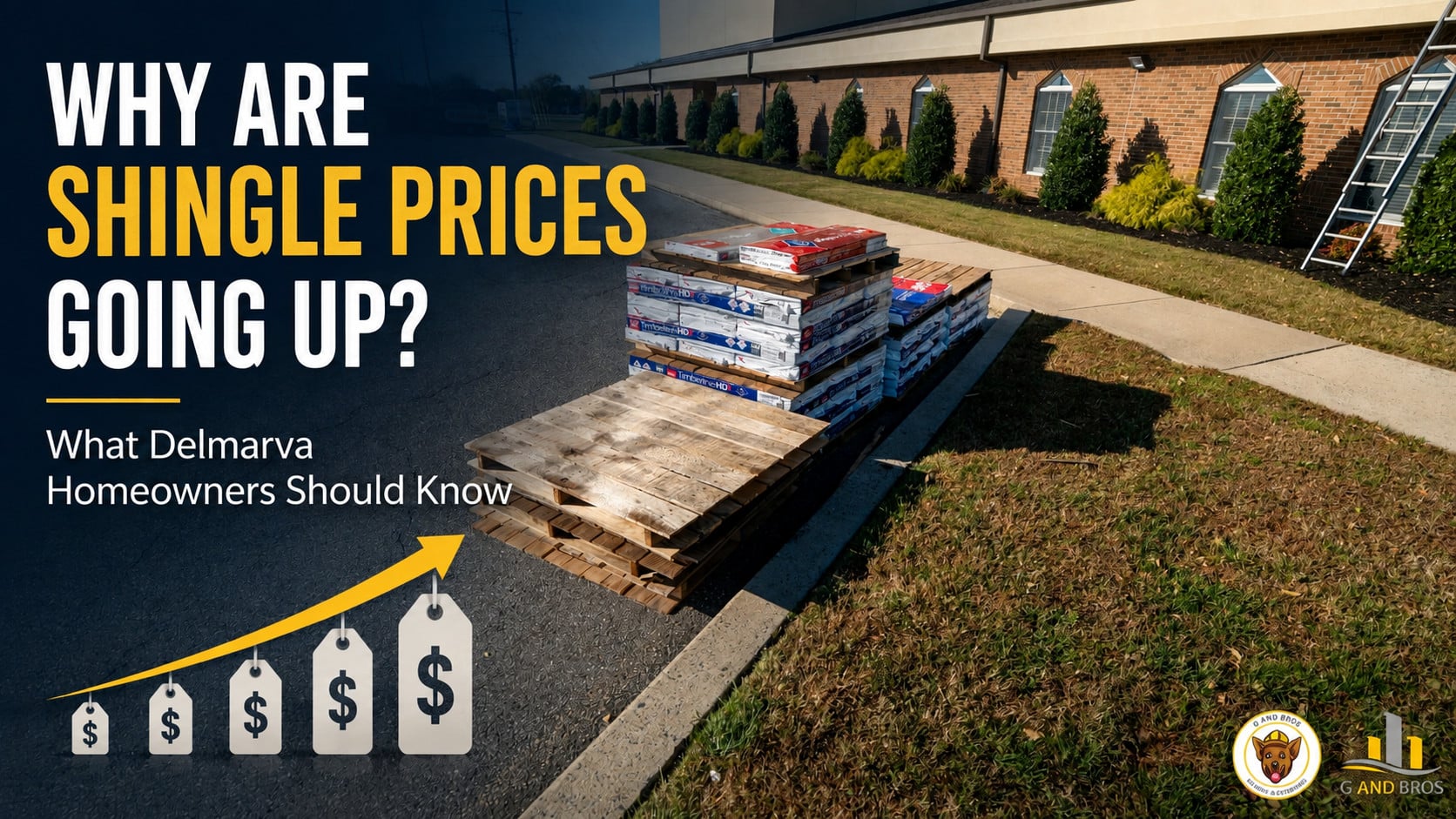 Used - Stacked GAF asphalt shingle bundles on a Delmarva roofing job site illustrating rising shingle and roof replacement costs