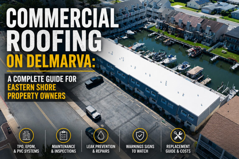 Used - Aerial view of a Delmarva commercial property with a white membrane roof for a commercial roofing guide
