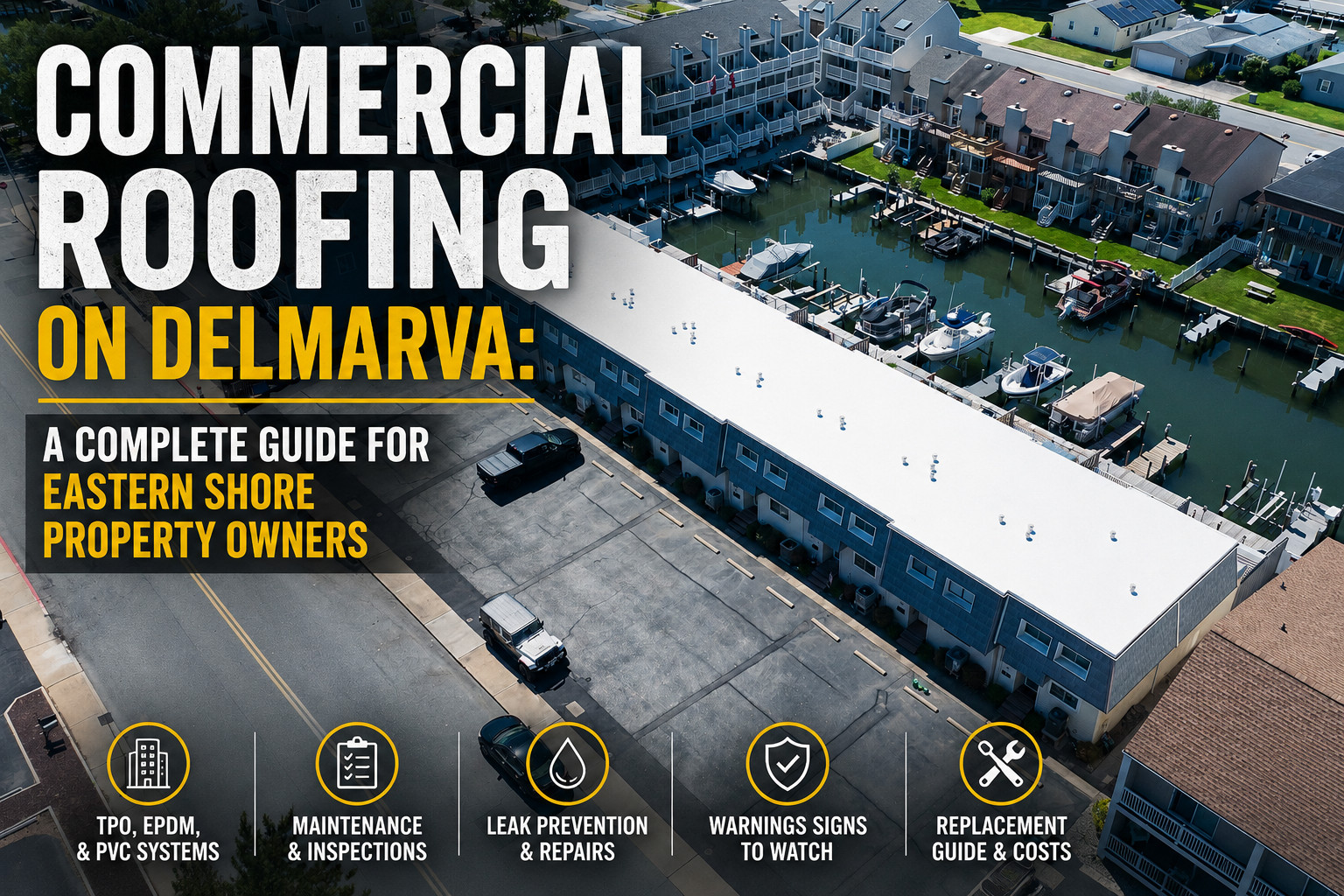 Used - Aerial view of a Delmarva commercial property with a white membrane roof for a commercial roofing guide