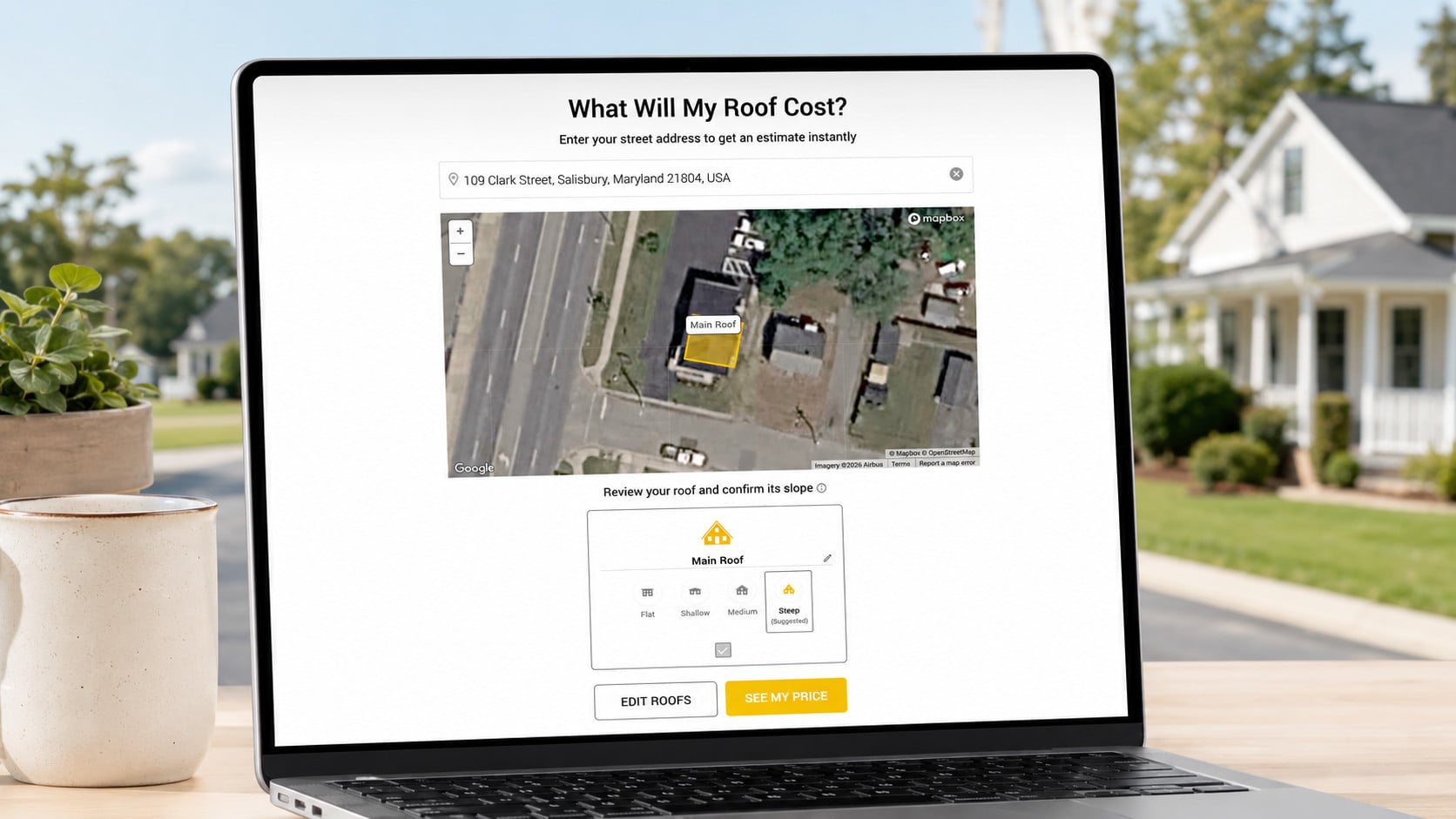 Used - G and Bros Instant Roof Quote tool displayed on a laptop for estimating roof replacement costs in Salisbury MD and across Delmarva