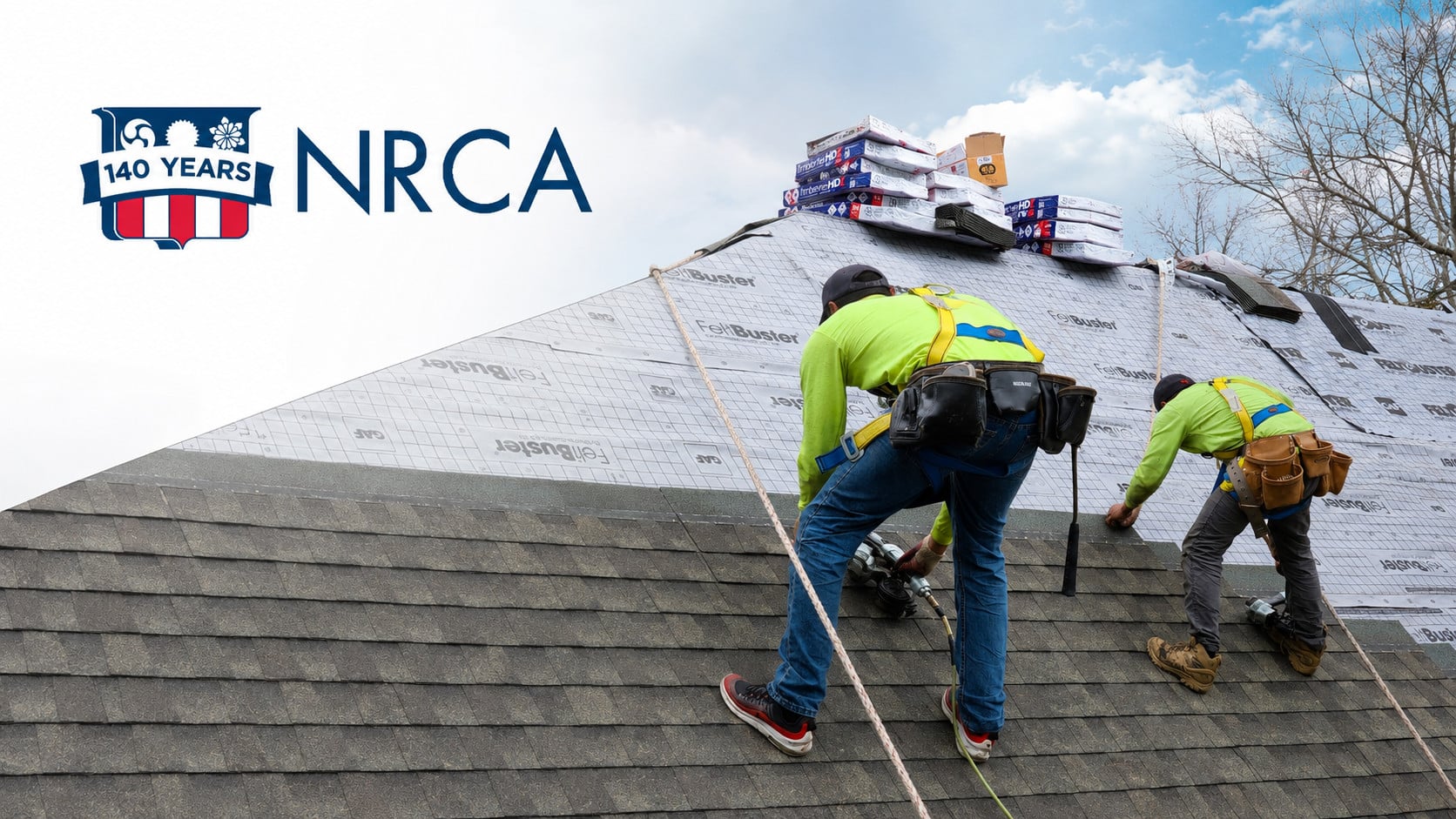 Used - Professional roofing crew installing GAF shingles with NRCA branding for a Delmarva roofing contractor membership guide