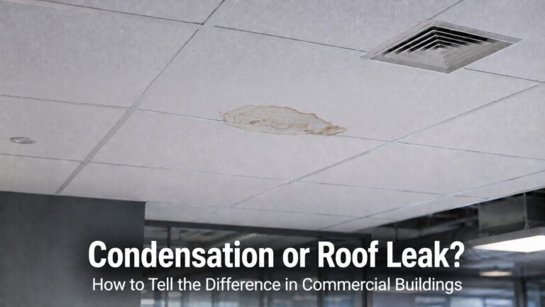 Used - Water-stained commercial ceiling tile illustrating condensation versus a roof leak in a Delmarva building