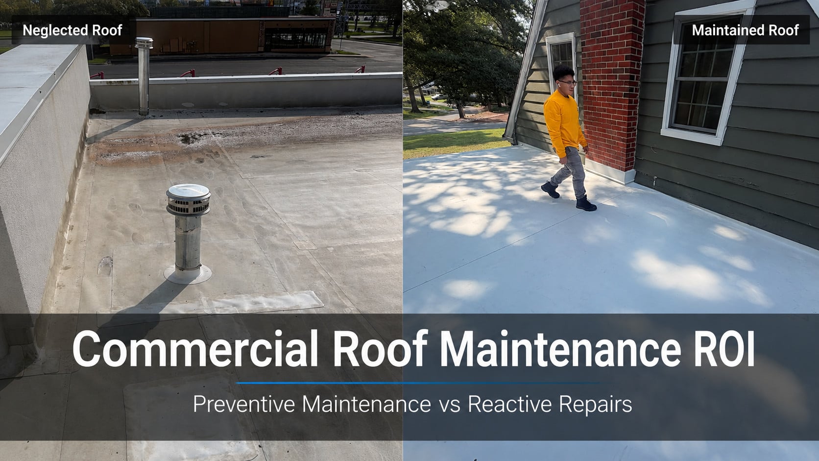 The Real ROI of Commercial Roof Maintenance (And Why Most Property Owners Get the Math Wrong) 2 | G and Bros Maintained commercial TPO roof at year 20 beside an unmaintained TPO roof failing at year 12