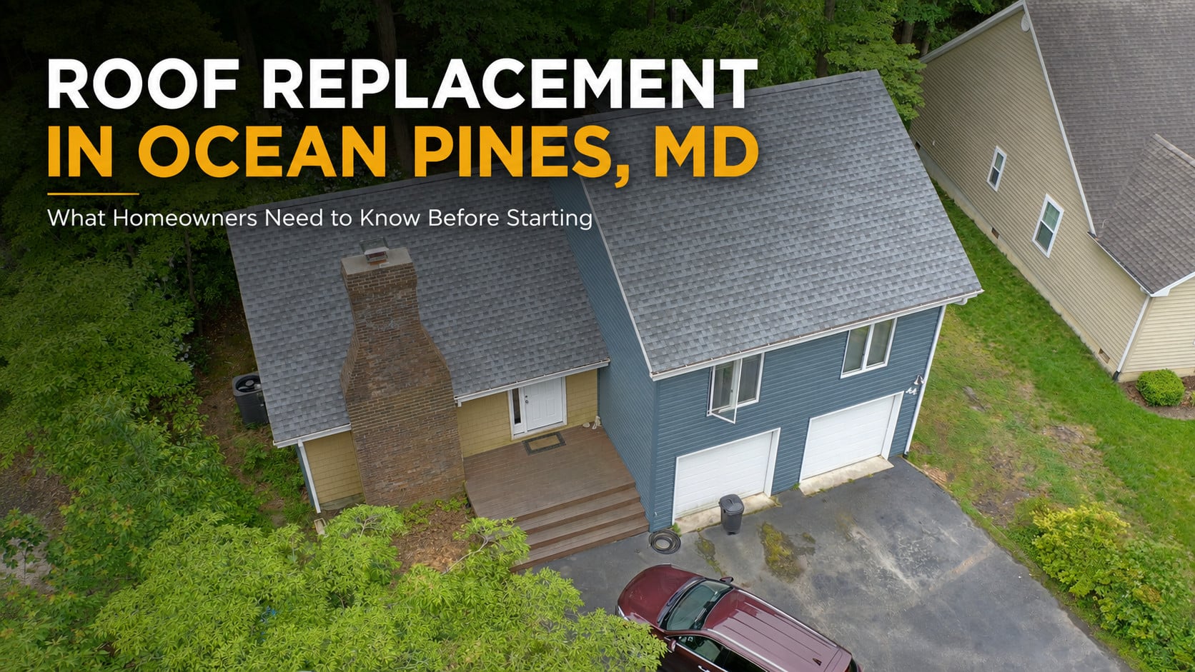 Used - Aerial view of a residential home in Ocean Pines MD with a gray architectural shingle roof surrounded by trees and neighboring homes