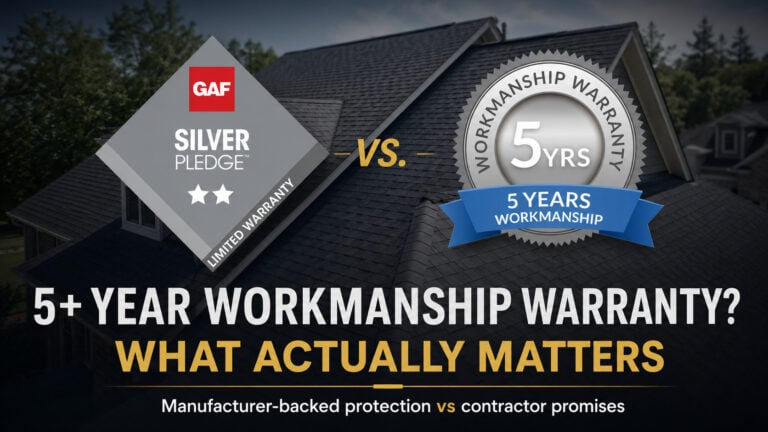 Used - Comparison graphic showing a GAF Silver Pledge badge next to a 5-year workmanship warranty badge over a residential roof background