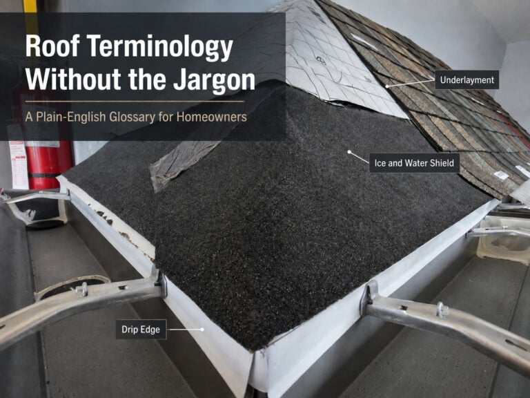 Used - Roof terminology diagram labeling underlayment, ice and water shield, and drip edge on a roofing system mockup