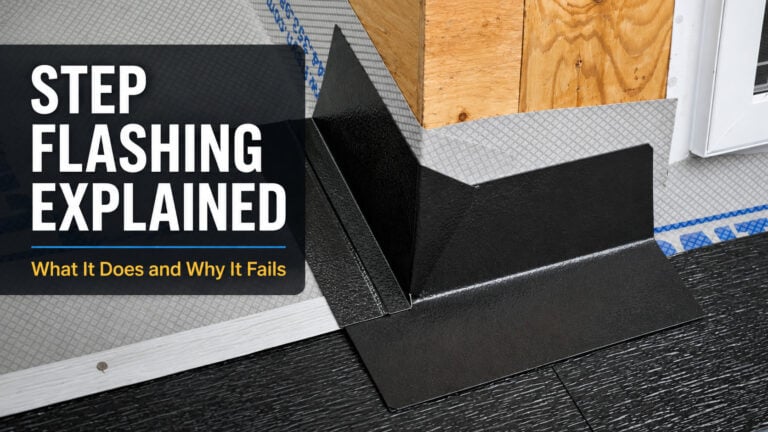 Used - Close-up of step flashing installed where a shingle roof meets a vertical wall, showing the metal flashing detail used to prevent roof leaks