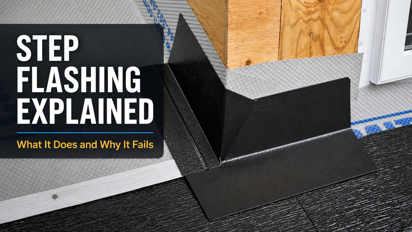 Used - Close-up of step flashing installed where a shingle roof meets a vertical wall, showing the metal flashing detail used to prevent roof leaks