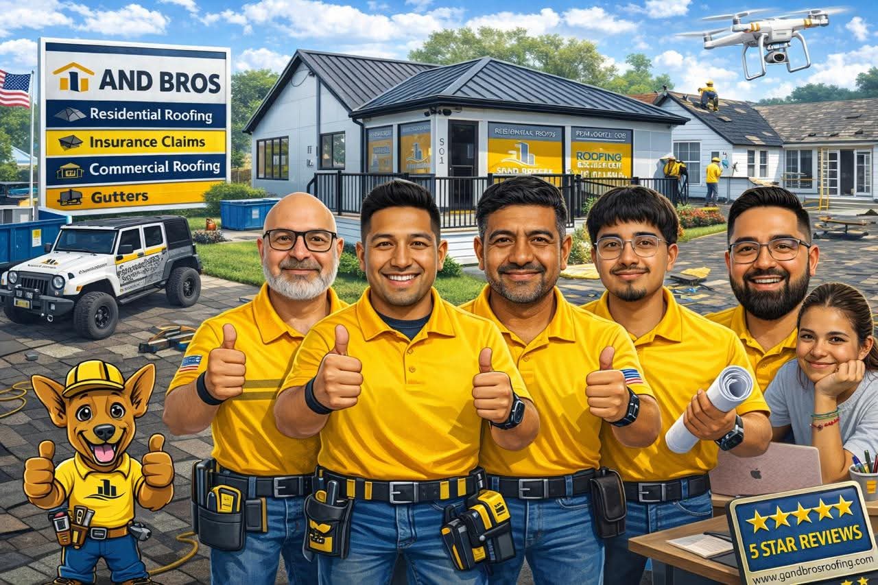 Used - G and Bros Roofing team standing together in branded yellow shirts with roofing services, equipment, a company vehicle, and five-star review graphics in the background