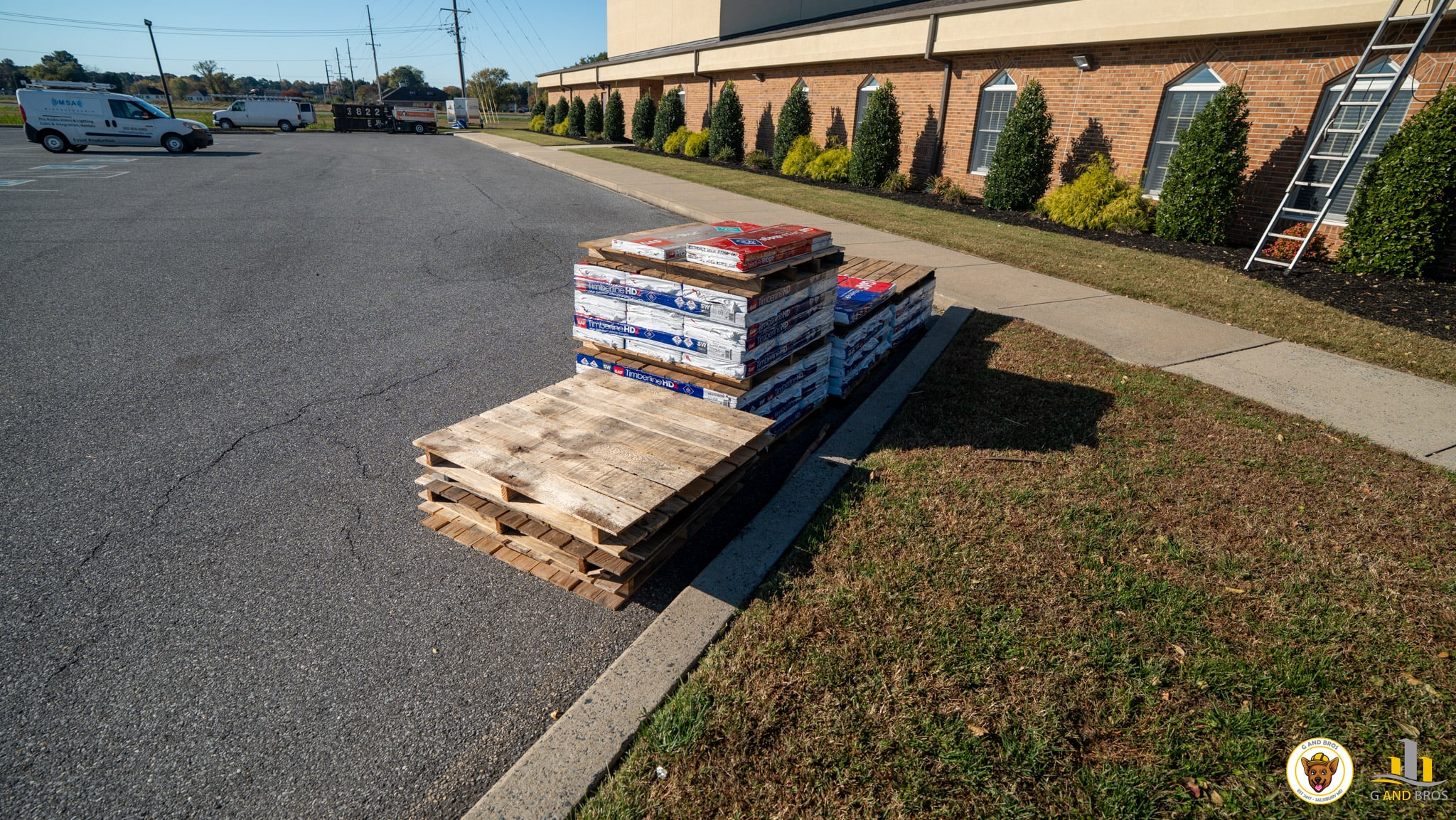 GAF Timberline HDZ shingle bundles staged on a Delmarva roofing job site for a G and Bros roof replacement project