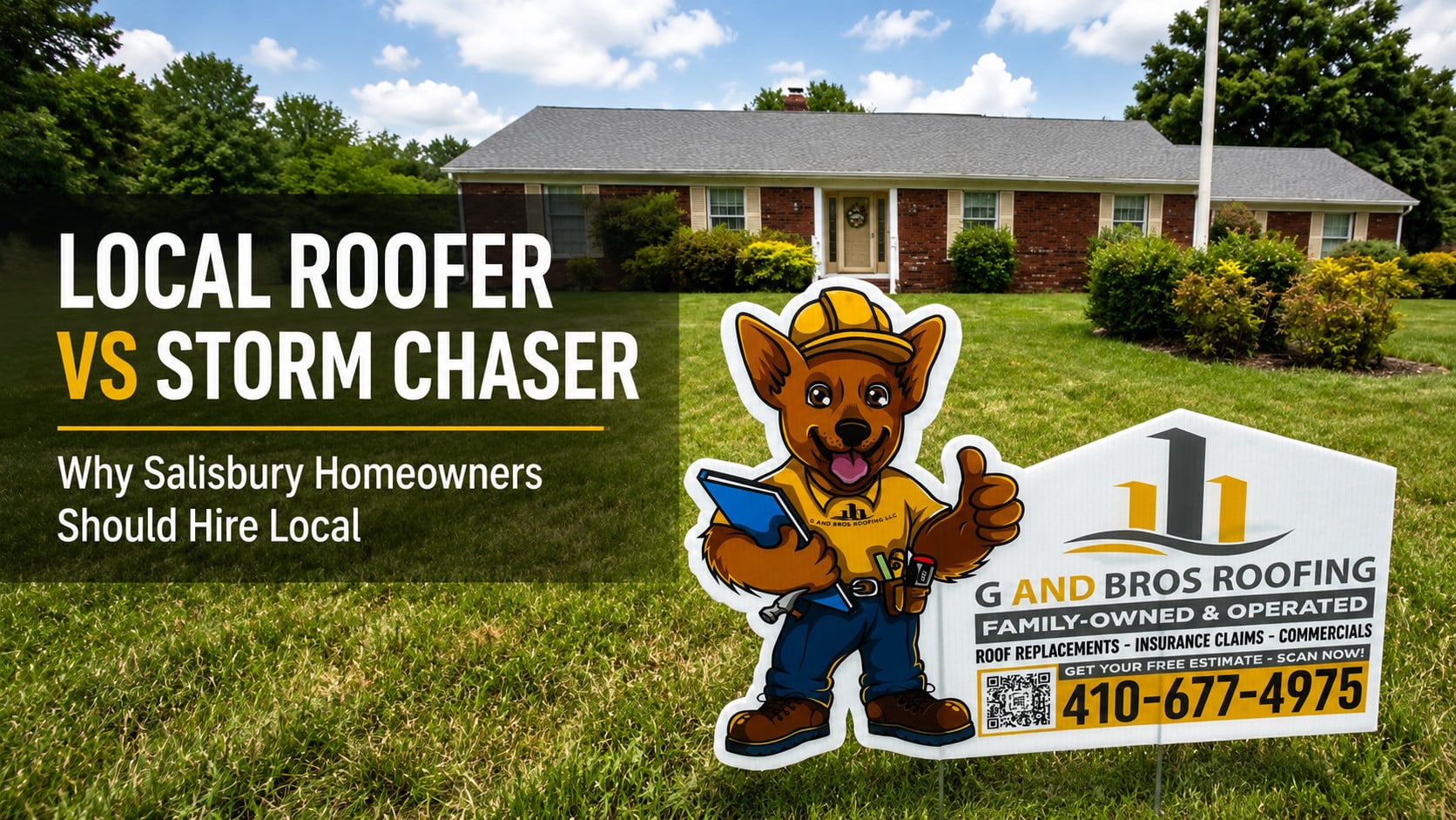 Used - G and Bros yard sign in front of a Salisbury area home representing the difference between a local roofing contractor and storm chasers