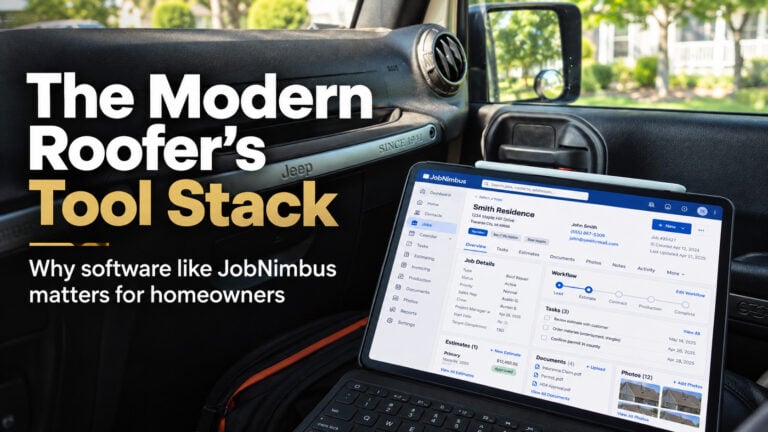 Used - Roofer using a tablet with a JobNimbus dashboard inside a Jeep on a job site, representing modern roofing software and project management tools.