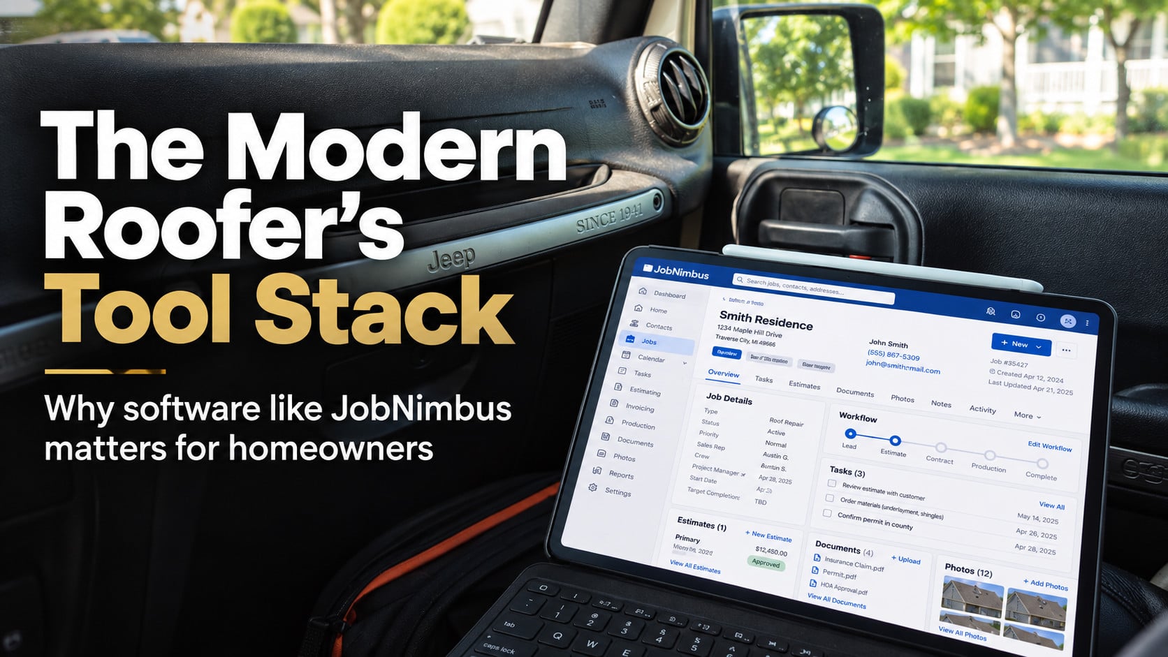 Used - Roofer using a tablet with a JobNimbus dashboard inside a Jeep on a job site, representing modern roofing software and project management tools.