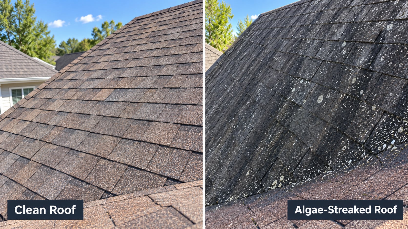 Used - Clean asphalt shingle roof beside a heavily algae-streaked roof on similar Eastern Shore homes