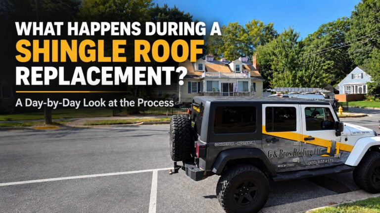 Used - Roofing crew installing asphalt shingles during a residential roof replacement on the Eastern Shore.